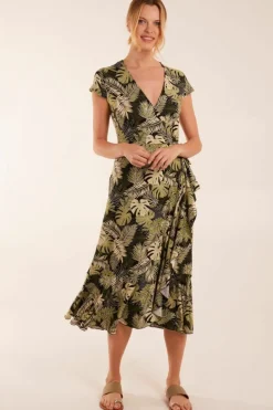 Wrap Dresses|Midi Dresses*Blue Vanilla Tropical Print Wrap Front Midi Dress Black