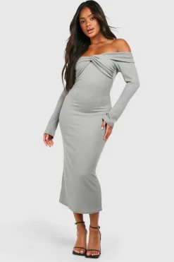 Bodycon Dresses*boohoo Twist Detail Bardot Soft Rib Midaxi Dress grey