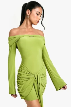 Bodycon Dresses*boohoo Twist Detail Off Shoulder Flare Long Sleeve Mini Dress green
