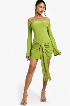 Bodycon Dresses*boohoo Twist Detail Off Shoulder Flare Long Sleeve Mini Dress green