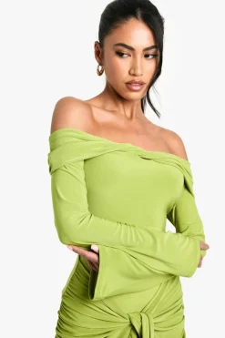 Bodycon Dresses*boohoo Twist Detail Off Shoulder Flare Long Sleeve Mini Dress green