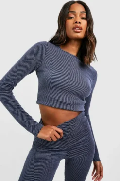 Long Sleeve Tops*boohoo Two Tone Rib Long Sleeve Crop Top navy