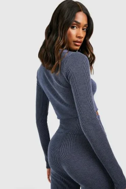 Long Sleeve Tops*boohoo Two Tone Rib Long Sleeve Crop Top navy