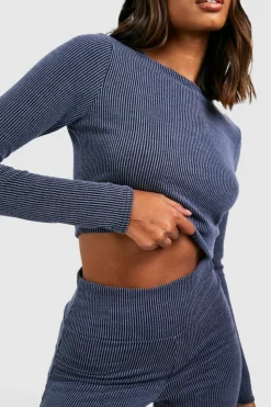Long Sleeve Tops*boohoo Two Tone Rib Long Sleeve Crop Top navy