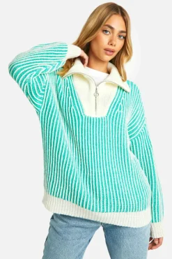 Oversized Jumpers*boohoo Two Tone Stripe Chunky Funnel Neck Jumper green