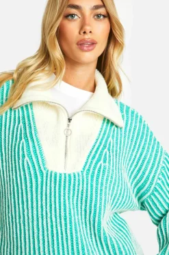 Oversized Jumpers*boohoo Two Tone Stripe Chunky Funnel Neck Jumper green