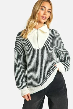 Oversized Jumpers|Jumpers*boohoo Two Tone Stripe Chunky Funnel Neck Jumper black