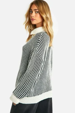 Oversized Jumpers|Jumpers*boohoo Two Tone Stripe Chunky Funnel Neck Jumper black