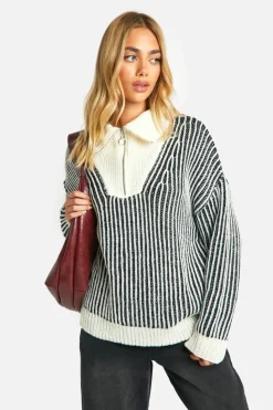 Oversized Jumpers|Jumpers*boohoo Two Tone Stripe Chunky Funnel Neck Jumper black