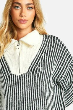Oversized Jumpers|Jumpers*boohoo Two Tone Stripe Chunky Funnel Neck Jumper black
