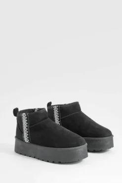 Cosy Boots*boohoo Ultra Mini Embroidered Platform Cosy Boots black