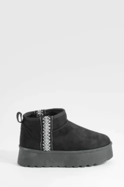 Cosy Boots*boohoo Ultra Mini Embroidered Platform Cosy Boots black