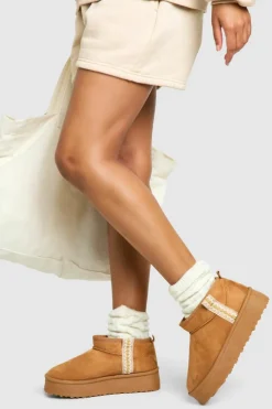 Cosy Boots|All Boots*boohoo Ultra Mini Embroidered Platform Cosy Boots chestnut