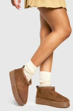 Cosy Boots*boohoo Ultra Mini Platform Faux Fur Lined Boots chocolate