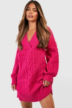 Jumper Dresses|Jumper Dresses*boohoo V Neck Cable Knit Dress cerise
