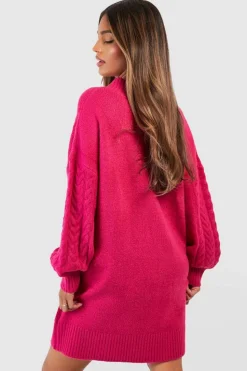 Jumper Dresses|Jumper Dresses*boohoo V Neck Cable Knit Dress cerise