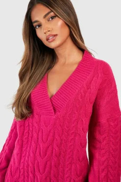 Jumper Dresses|Jumper Dresses*boohoo V Neck Cable Knit Dress cerise