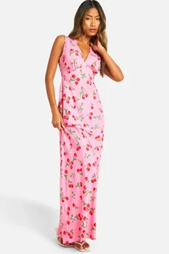 Cami Dresses*boohoo V Neck Cherry Print Maxi Slip Dress pink