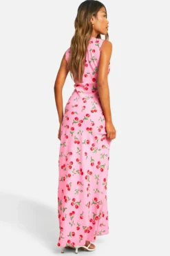 Cami Dresses*boohoo V Neck Cherry Print Maxi Slip Dress pink