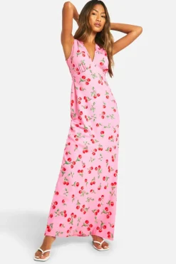 Cami Dresses*boohoo V Neck Cherry Print Maxi Slip Dress pink