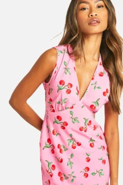 Cami Dresses*boohoo V Neck Cherry Print Maxi Slip Dress pink