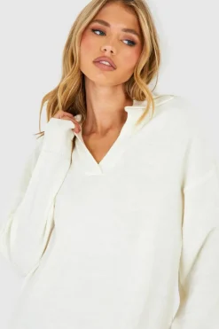 Midi Dresses|Jumper Dresses*boohoo V Neck Collared Knitted Midi Dress ecru