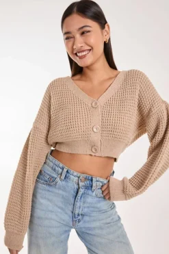 Cardigans*Pink Vanilla V Neck Cropped Knitted Cardigan Stone