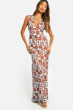 Cami Dresses*boohoo V Neck Floral Maxi Slip Dress blue