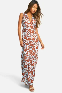 Cami Dresses*boohoo V Neck Floral Maxi Slip Dress blue