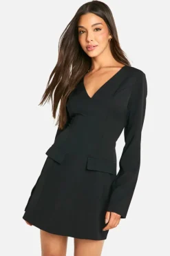Mini Dresses|Long Sleeve Dresses*boohoo V Neck Long Sleeve Tailored Mini Dress black
