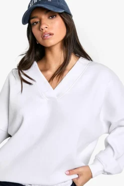 Sweatshirts|Hoodies & Sweatshirts*boohoo V Neck Oversized Sweatshirt ecru