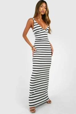 Bodycon Dresses|Maxi Dresses*boohoo V Neck Plunge Stripe Maxi Dress black