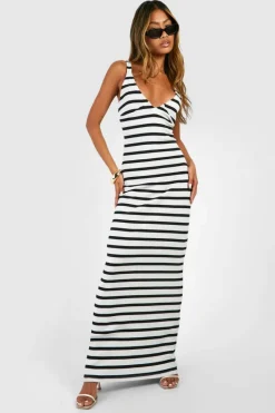 Bodycon Dresses|Maxi Dresses*boohoo V Neck Plunge Stripe Maxi Dress black