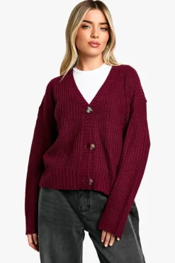 Cardigans*boohoo V Neck Rib Knit Cardigan In burgundy
