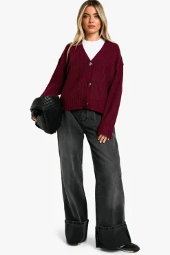 Cardigans*boohoo V Neck Rib Knit Cardigan In burgundy