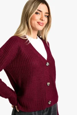 Cardigans*boohoo V Neck Rib Knit Cardigan In burgundy