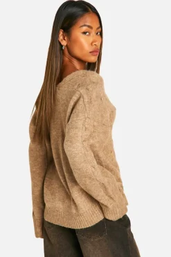 Oversized Jumpers*boohoo V Neck Soft Knit Cable Jumper camel