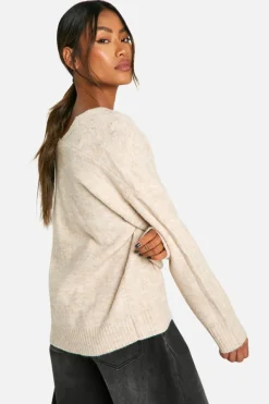 Oversized Jumpers*boohoo V Neck Soft Knit Cable Jumper ecru marl