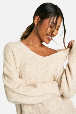 Oversized Jumpers*boohoo V Neck Soft Knit Cable Jumper ecru marl