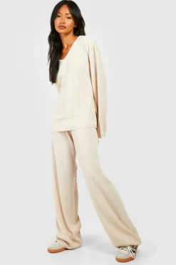 Knitted Co-Ords|Trousers*boohoo V Neck Wide Leg Knitted Co-ord stone