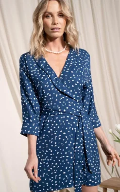 Wrap Dresses*Dancing Leopard Valley Abstract Print Mini Dress 3/4 Sleeve V-Neck Wrap Outfit Navy