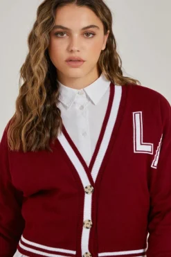 Cardigans*Pink Vanilla Varsity Knitted Cardigan Wine