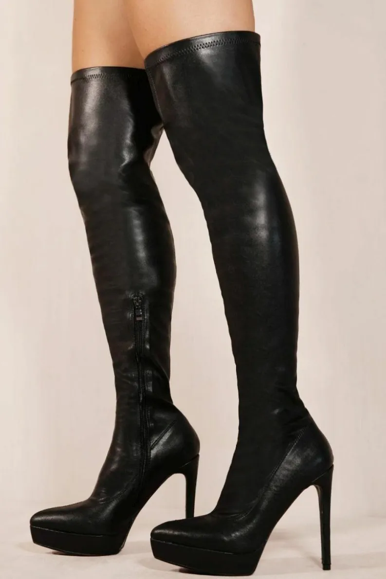 Heeled Boots*Where's That From Veena' Pointed Toe Knee High Heel Platform Boots Black