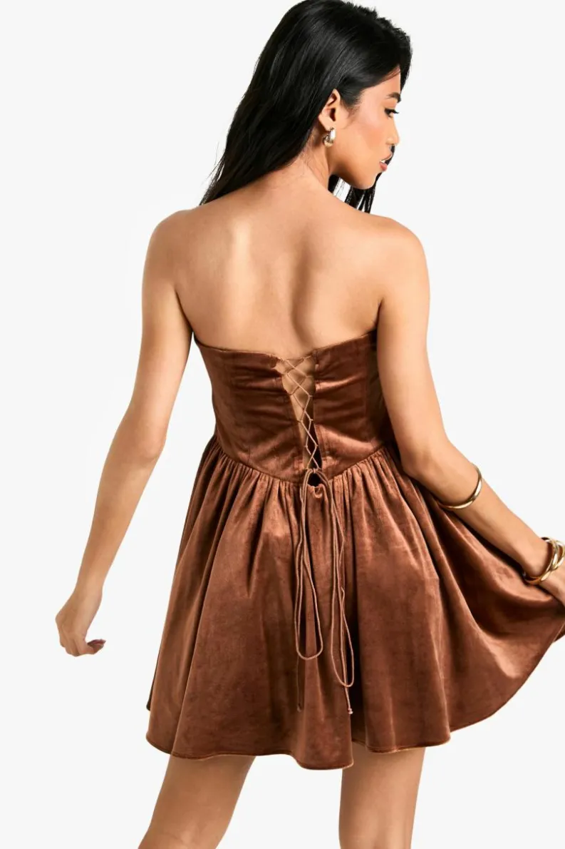 Skater Dresses*boohoo Velvet Corset Lace Up Skater Dress chocolate