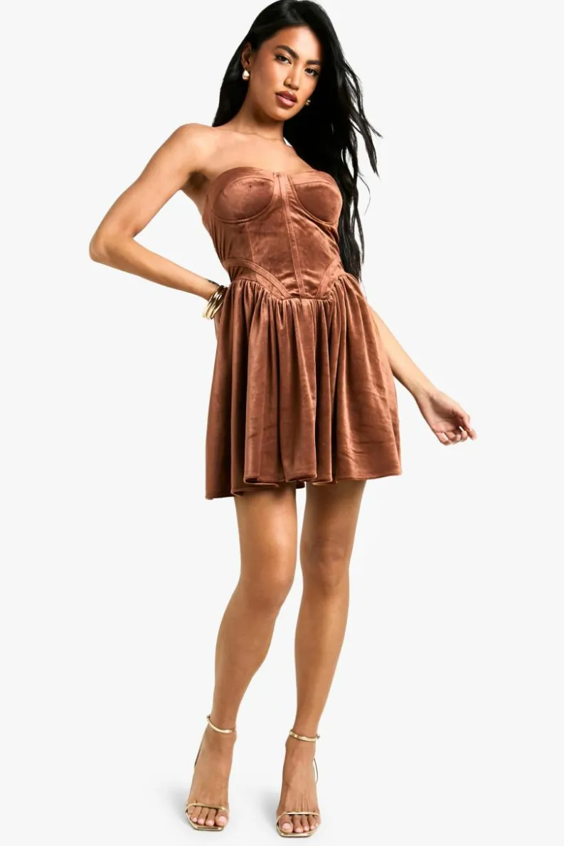 Skater Dresses*boohoo Velvet Corset Lace Up Skater Dress chocolate