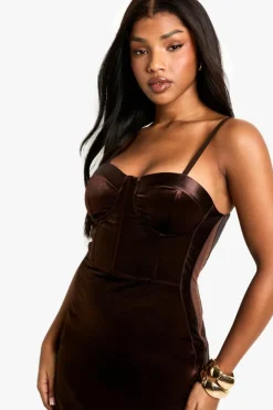 Bodycon Dresses|Midi Dresses*boohoo Velvet Corset Midaxi Dress brown