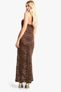 Maxi Dresses*boohoo Velvet Lace Bandeau Maxi Dress brown
