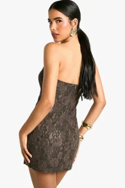 Bodycon Dresses*boohoo Velvet Lace Bandeau Mini Dress taupe