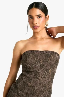 Bodycon Dresses*boohoo Velvet Lace Bandeau Mini Dress taupe