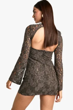 Mini Dresses|Long Sleeve Dresses*boohoo Velvet Lace Bolero Mini Dress taupe